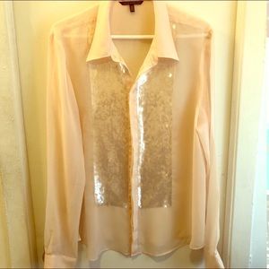 Blush pink and sequins tuxedo blouse
